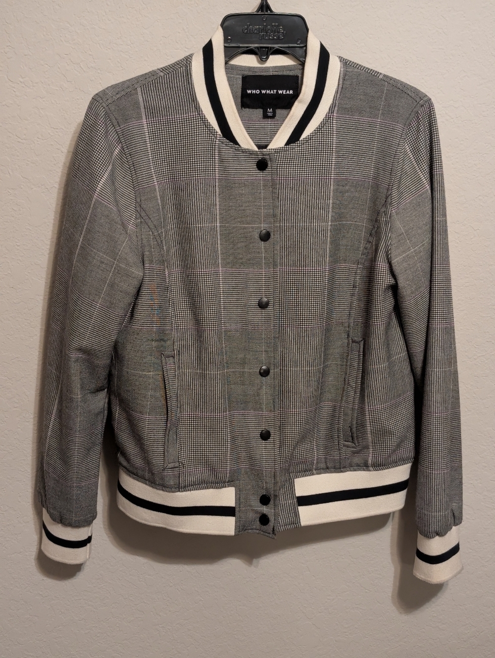 WHO WHAT WEAR Gray Plaid Bomber Jacket
